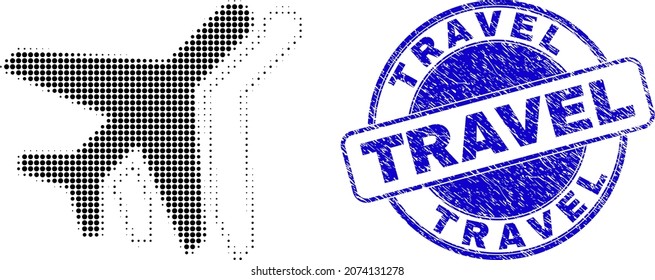 Airplanes halftone dotted icon with Travel seal stamp. Blue vector round scratched stamp with Travel phrase inside round form. Halftone airplanes icon array contains round pixels.