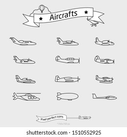 Airplanes, Helicopter, Glider Plane, Balloon And Other Aircrafts Outline Icons Set. Thin Line Vector Illustration