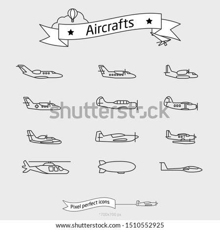 Airplanes, helicopter, glider plane, balloon and other aircrafts outline icons set. Thin line vector illustration