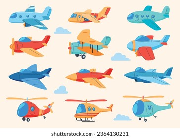 Airplanes and helicopters in cartoon style. Cute colored air transport. Vector illustration