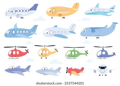 Aviões e helicópteros em estilo cartoon. Transporte aéreo colorido bonito. Transporte aéreo isolado, viagens infantis ou aventura de avião. Ilustração vetorial