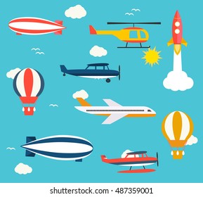 Airplanes Helicopters Hot Air Balloons Rocket Stock Vector (Royalty ...