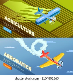 Airplanes helicopters isometric banners set with read more button and images of agricultural and aerobatic aeroplanes vector illustration