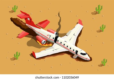 Airplanes helicopters isometric composition with desert landscape and image of fallen passenger aircraft with fire smoke vector illustration