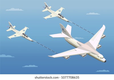 Airplanes helicopters isometric composition with three aeroplanes during mid-air in-flight refuelling and clear sky vector illustration