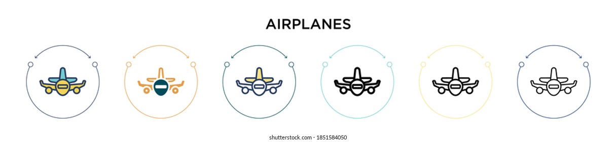 Airplanes icon in filled, thin line, outline and stroke style. Vector illustration of two colored and black airplanes vector icons designs can be used for mobile, ui, web