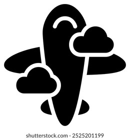 Icono de aviones con estilo glifo. Conveniente para el diseño del Sitio web, el logotipo, el App y el UI. Basado en el tamaño del icono en general, por lo que se puede reducir.
