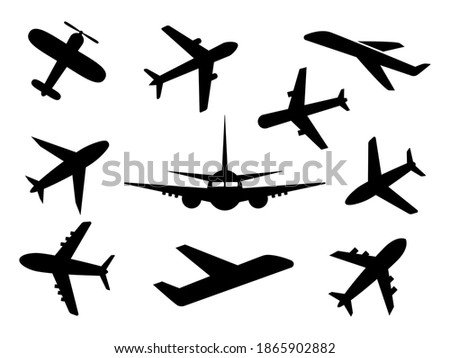 Airplanes icon set. Plane black outline collection isolated. Travel symbol vector illustration isolated on white.