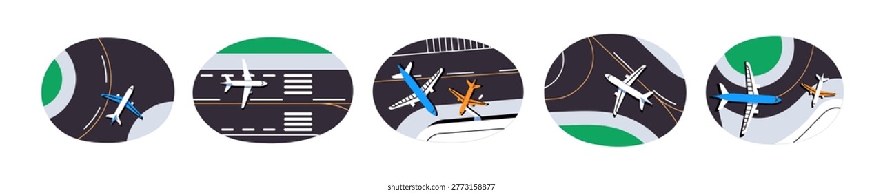 Airplanes landing on runways set. Aircrafts are taking off airstrips top view. Planes arrive at airport terminal. Air flights and travels with airlines. Flat isolated vector illustrations on white