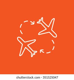 Airplanes line icon for web, mobile and infographics. Vector white icon isolated on red background.