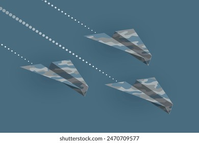 Aviones hechos de papel con patrón de camuflaje están volando sobre fondo oscuro. Concepto de fuerzas aéreas, aeronaves militares y aviación