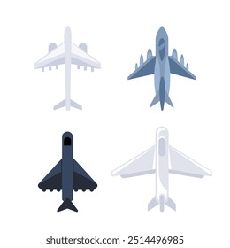 Airplanes and Military Aircraft Top. Planes top view. Airliner and fighter.