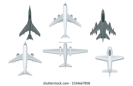 Airplanes and Military Aircraft Top View Vector Illustrated Set