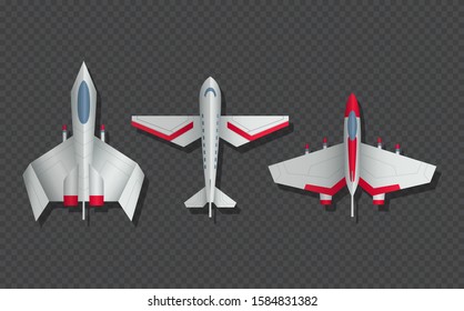 Airplanes and military aircraft top view. 3d airliner and fighter vector icons. Airplane top view, air transport model illustration