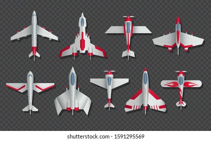 Airplanes and military aircraft top view set. 3d airliner and fighter vector icons. Airplane top view, air transport model illustration