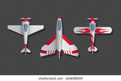 Airplanes and military aircraft top view. 3d airliner and fighter vector icons. Airplane top view, air transport model illustration