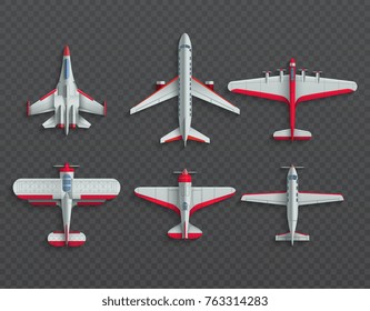 Airplanes and military aircraft top view. 3d airliner and fighter vector icons. Airplane top view, air transport model illustration