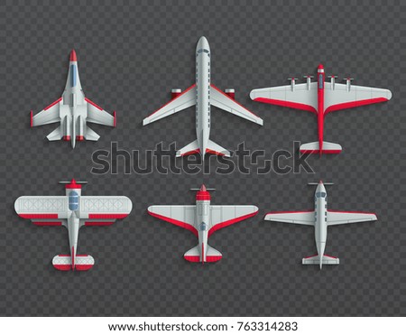 Airplanes and military aircraft top view. 3d airliner and fighter vector icons. Airplane top view, air transport model illustration