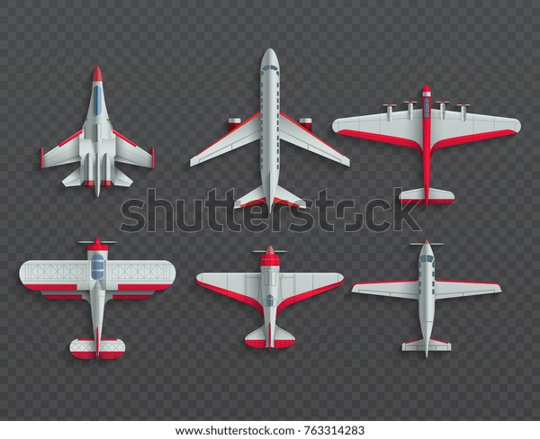 Airplanes and military aircraft top view. 3d\
airliner and fighter vector icons. Airplane top view, air transport\
model illustration
