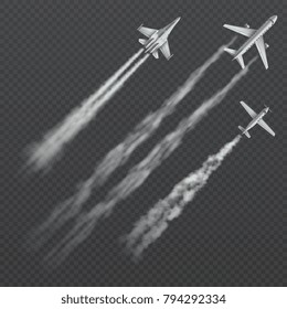 Airplanes and military fighters with condensation smoky trail isolated vector collection. Aviation aircraft flight, fighter in sky illustration