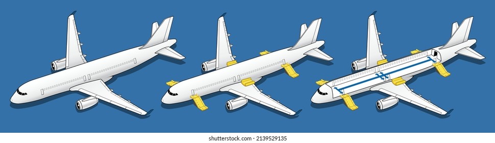 Aviones con fondo azul. Aerolínea con visión isométrica. ilustración vectorial.