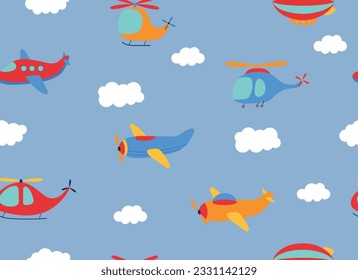 Airplanes on a blue background. Cartoon kid seamless pattern. Cute vector transport and clouds. Childish design