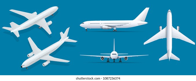 Airplanes on blue background. Industrial blueprint of airplane. Airliner in top, side, front view and isometric. Flat style vector illustration.