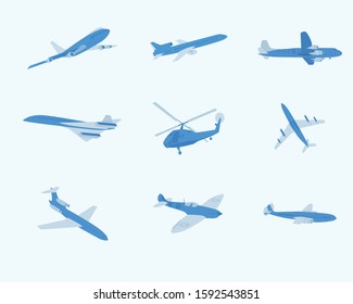 Airplanes on blue background. Industrial blueprint of airplane. Airliner in top, side, front view and isometric. Flat style vector illustration.