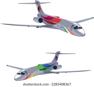 Airplanes on blue background. Industrial blueprint of airplane. Airliner in top, side, front view and isometric. Flat style vector illustration.
