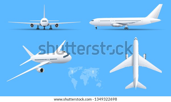 青の背景に飛行機 航空機の工業設計図 上面 側面 正面図に旅客機 フラットスタイルのベクターイラスト のベクター画像素材 ロイヤリティフリー