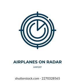 Aviones en un icono de radar. Ilustración lineal vectorial de la recogida en el aeropuerto. Esbozar aviones en el vector de icono del radar. Símbolo de línea delgada para uso en aplicaciones web y móviles, logotipo, medios impresos.