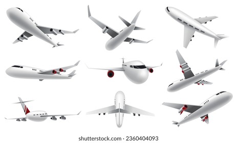 Aviones con fondo blanco. Avión en la parte superior, lateral, frontal e isométrico. Aviones vectores realistas. Avión de pasajeros, avión aéreo y avión volador en diferentes puntos de vista