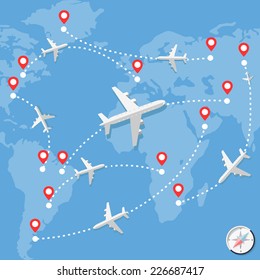 Airplanes over blue map with routes over blue background. Vector Illustration. Flat Design.