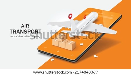 Airplanes and parcel boxes are on smartphones and there is a pin location at the place for delivering products to customers,vector 3d for advertising media about air freight and transport design
