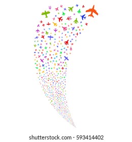 Airplanes random fireworks stream. Vector illustration style is flat bright multicolored iconic symbols on a white background. Object fountain combined from scattered pictographs.