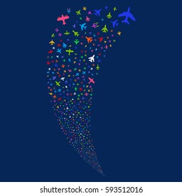 Airplanes random fireworks stream. Vector illustration style is flat bright multicolored iconic symbols on a blue background. Object fountain combined from scattered pictograms.
