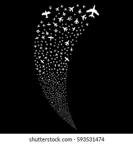 Airplanes random fireworks stream. Vector illustration style is flat white iconic symbols on a black background. Object fountain organized from scattered pictograms.