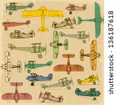 Airplanes. Retro seamless pattern   on vintage old paper. Plus three objects  cracked surface. Grunge effects can be removed. 