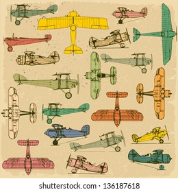 Airplanes. Retro seamless pattern   on vintage old paper. Plus three objects  cracked surface. Grunge effects can be removed. 