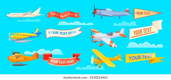 Airplanes with ribbons. Plane with flag banner, aeroplane pull ribbon text message air advertising retro aircraft placard in cloud sky flying aerial poster neat vector illustration original artwork