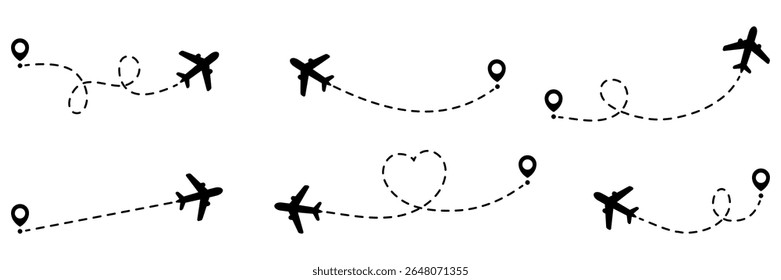 Airplanes routes with dotted line collection. Flying planes path with start point. Travel concept. Vector illustration isolated on white.