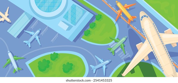 Airplanes runway top view. Plane ready takeoff airstrip at international airport terminal building, commercial airline passenger aircraft touristic flight, neat vector illustration