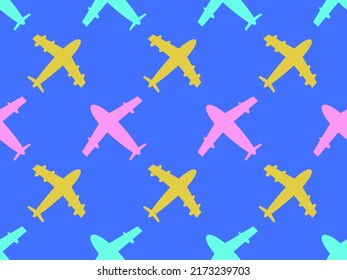 Patrón sin fisuras de los aviones. Avión con turbinas y hélices sobre fondo azul. Diseño de aeronaves para afiches, carteles y artículos promocionales. Ilustración del vector
