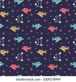 Los aviones son un patrón transparente. Cielo estrellado nocturno con Aeronaves, Luna y estrellas. Fondo de colores retro