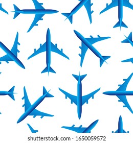 Airplanes seamless pattern. Repetitive vector illustration of blue gradient airplanes, top view, on transparent background. EPS 10.