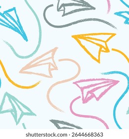Airplanes seamless pattern Sketch chalk crayon hand drawn style.