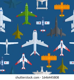 Airplanes seamless vector pattern. Cartoon passenger airplanes and war planes, bombers and aeroplanes background. Can be used for graphic, textile design or web design.