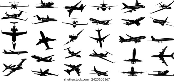 airplanes set black silhouette, on white background vector