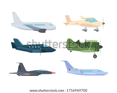 Airplanes set. Modern passenger liners retro propeller an 2 corncob super powerful combat fighter small high speed private jet golfstream compact training aircraft. Cartoon vector.