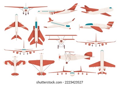 Airplanes set. Passenger jet plane, private aircraft, propeller and airline plane. Aviation vehicles aerial flight or aircraft private airplanes isolated. Vector illustration